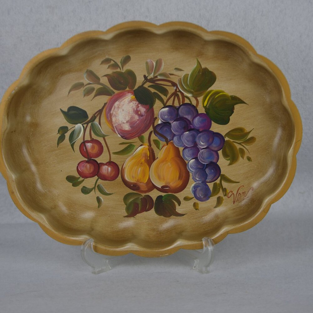 VTG Tole Hand-painted Tray Fruit Nashco Signed Van Grapes Pear Cottage
